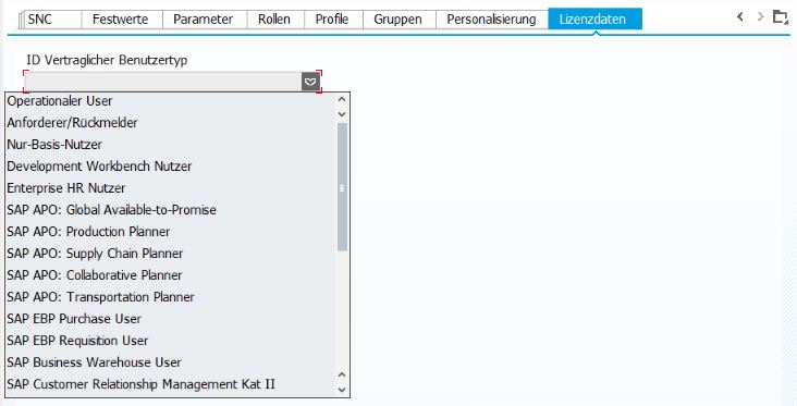 Lizenzdaten Benutzertyp SAP